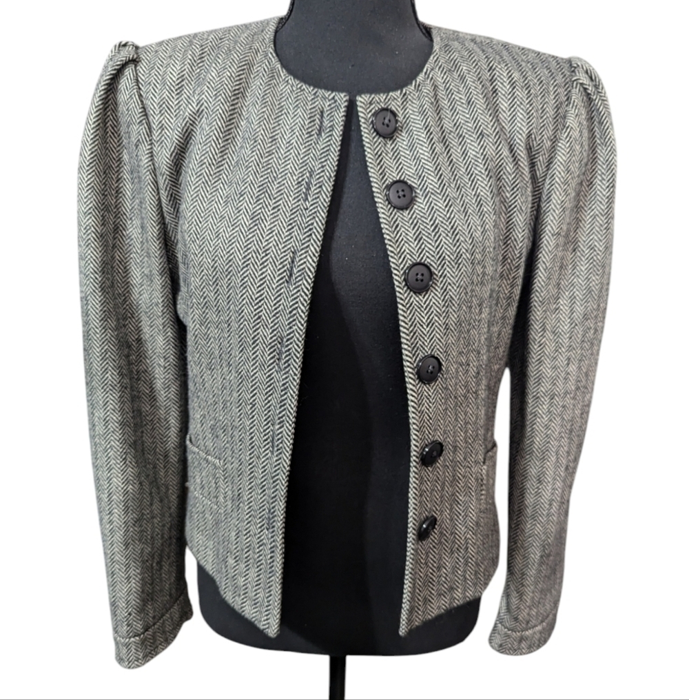 Vintage 80s Cashmere Wool Herringbone Puff Shoulder Cropped Jacket Sz 4 - Picture 8 of 15